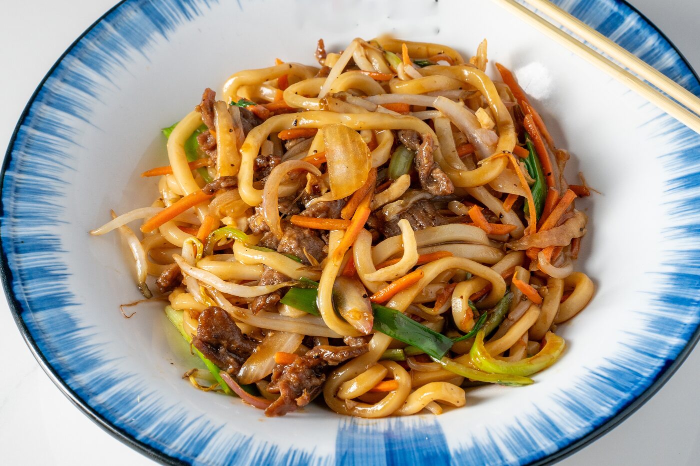 Beef Yaki Udon thick Japanese noodles with vegetables - East Moon Centennial CO