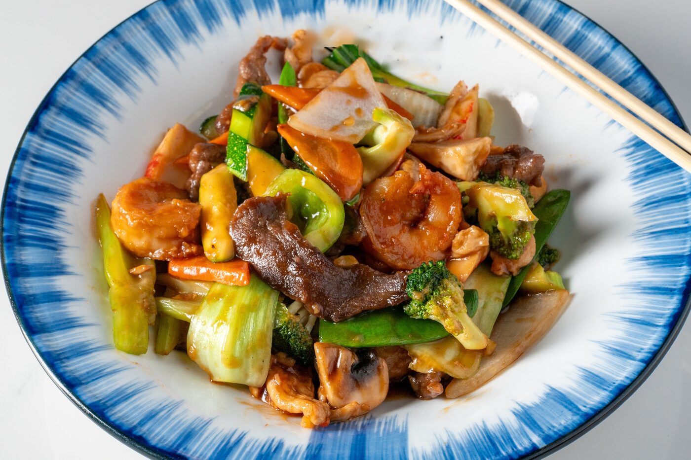 Happy Family with beef, chicken, shrimp and mixed vegetables - East Moon Centennial CO
