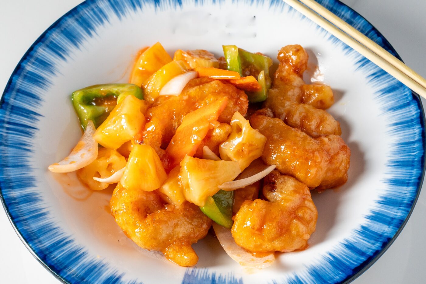 Sweet and Sour Shrimp with bell peppers and pineapple - East Moon Centennial CO