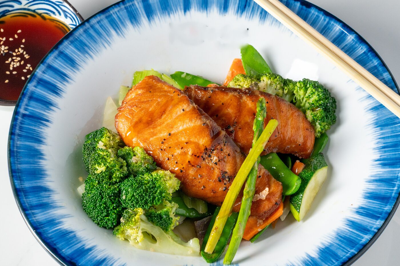 Teriyaki Salmon fillet glazed and served with broccoli - East Moon Centennial CO