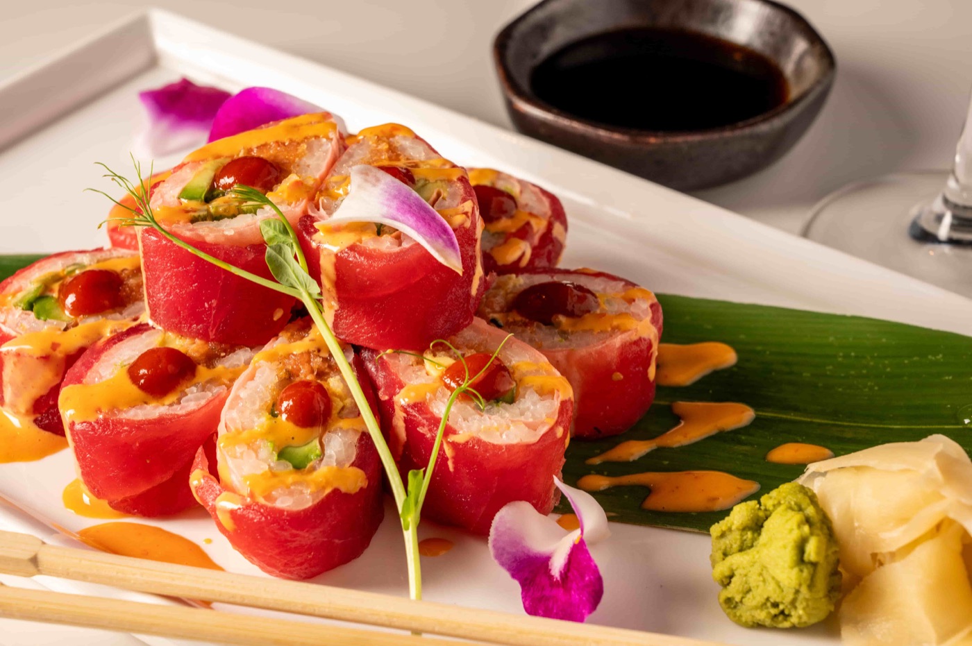 Sweet Heart Roll with spicy tuna, spicy salmon and spicy yellowtail wrapped in soy paper - East Moon Centennial CO
